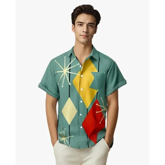 ❤️Men Green Print Short Sleeve Hawaiian Fit Casual  Button Down Beach Shirts - Picture 6 of 7